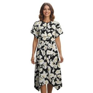 ba&sh Black, yellow & off white Floral short sleeve Midi Dress keyhole sz small